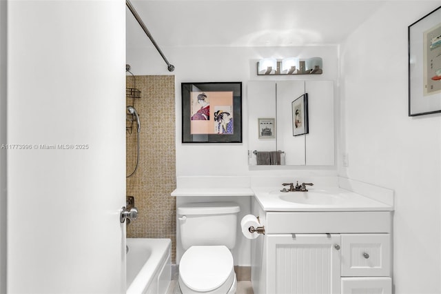 full bath featuring vanity, shower / tub combination, and toilet