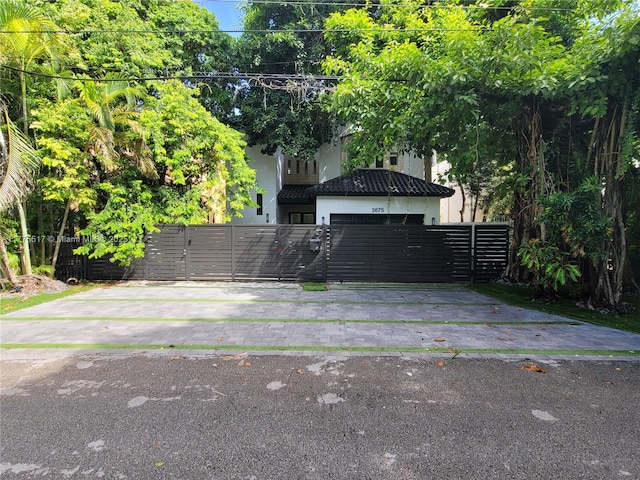 view of front of house with driveway, stucco siding, a gate, and a fenced front yard