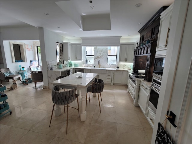 kitchen with recessed lighting, backsplash, a sink, light stone counters, and appliances with stainless steel finishes