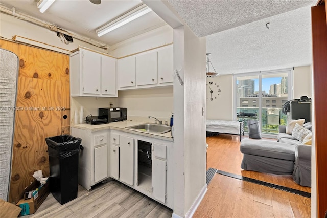 1035 W Ave Unit 507, Miami Beach, FL 33139 - kitchen featuring a sink, light wood-style flooring, light countertops, white cabinets, and black microwave