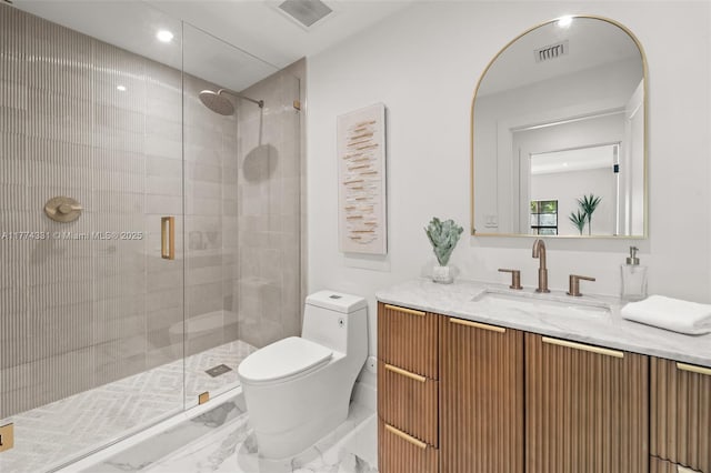 bathroom with a stall shower, visible vents, marble finish floor, and toilet