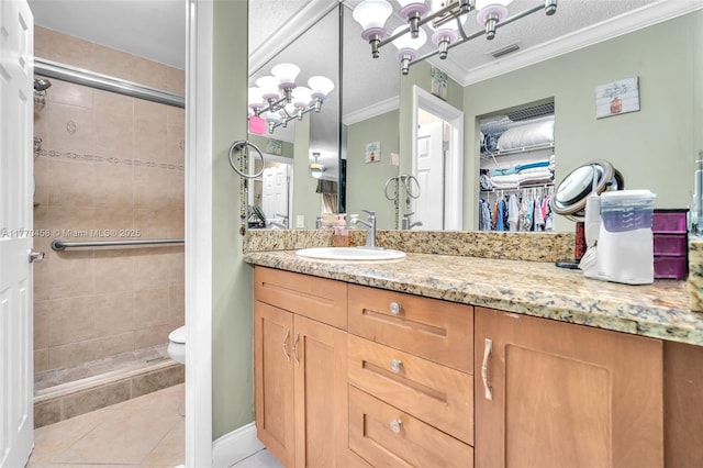 2343 SW 15th Pl, Deerfield Beach, FL 33442 - bathroom featuring vanity, crown molding, tile patterned flooring, and a shower stall