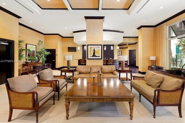 community lobby with crown molding and recessed lighting