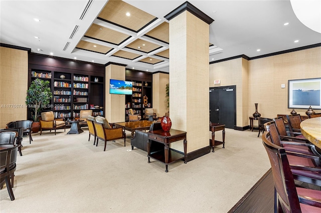community lobby with ornamental molding, recessed lighting, coffered ceiling, and beam ceiling