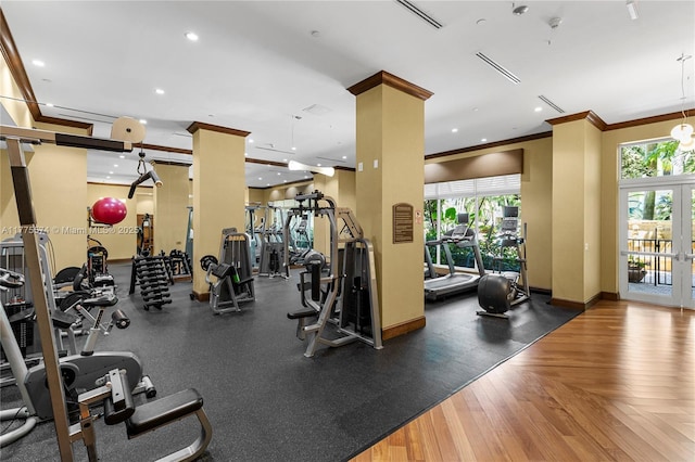 gym featuring healthy amount of natural light, ornamental molding, french doors, baseboards, and recessed lighting