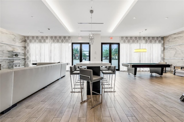 interior space with pool table, light wood-style floors, and recessed lighting