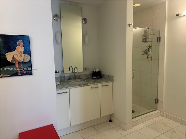 2001 Meridian Ave Unit 309, Miami Beach, FL 33139 - bathroom with tile patterned flooring, a shower stall, vanity, and baseboards