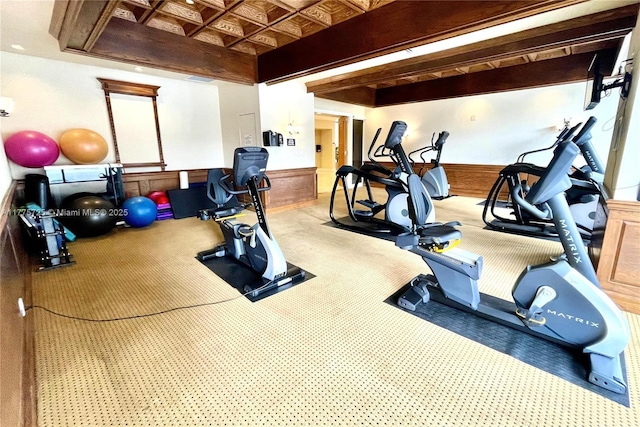 1901 Brickell Ave Unit B804, Miami, FL 33129 - exercise room with carpet floors, wainscoting, and an ornate ceiling