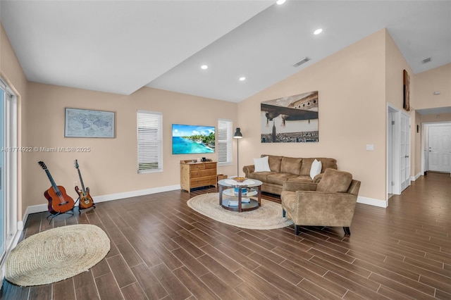 living room with baseboards, wood finished floors, recessed lighting, and high vaulted ceiling