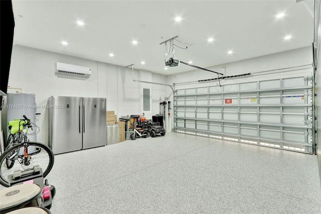 12973SW 266th Ter, Homestead, FL 33032 - garage with freestanding refrigerator, an AC wall unit, electric panel, a garage door opener, and recessed lighting
