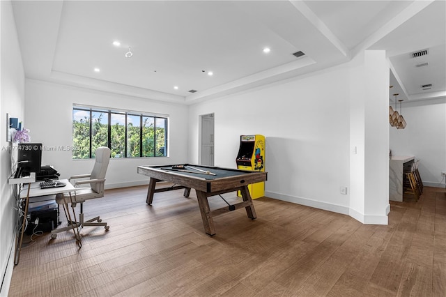7767 SW 188th St, Cutler Bay, FL 33157 - recreation room with a tray ceiling, pool table, wood finished floors, recessed lighting, and baseboards