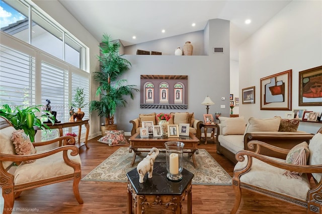 9030 SW 92nd Ct, Miami, FL 33176 - living area with visible vents, high vaulted ceiling, wood finished floors, and recessed lighting