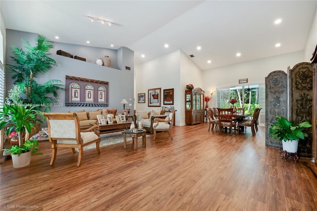 9030 SW 92nd Ct, Miami, FL 33176 - living room featuring recessed lighting, high vaulted ceiling, and wood finished floors