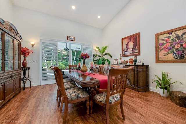 9030 SW 92nd Ct, Miami, FL 33176 - dining space with baseboards, high vaulted ceiling, recessed lighting, and light wood-style floors