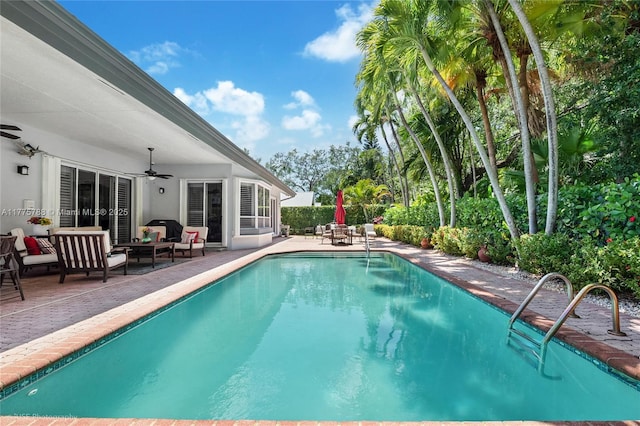 9030 SW 92nd Ct, Miami, FL 33176 - outdoor pool with a patio area, ceiling fan, and outdoor lounge area