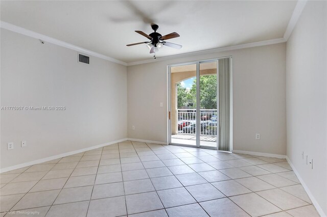 6434 Emerald Dunes Dr Unit 202, West Palm Beach, FL 33411 - unfurnished room with visible vents, crown molding, light tile patterned flooring, baseboards, and ceiling fan
