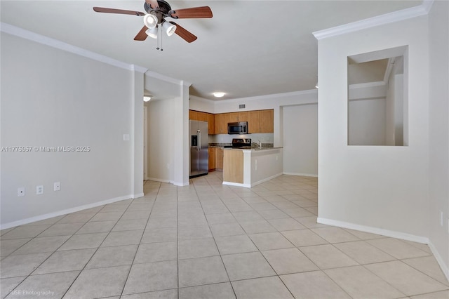 6434 Emerald Dunes Dr Unit 202, West Palm Beach, FL 33411 - unfurnished living room featuring crown molding, baseboards, light tile patterned floors, and a ceiling fan
