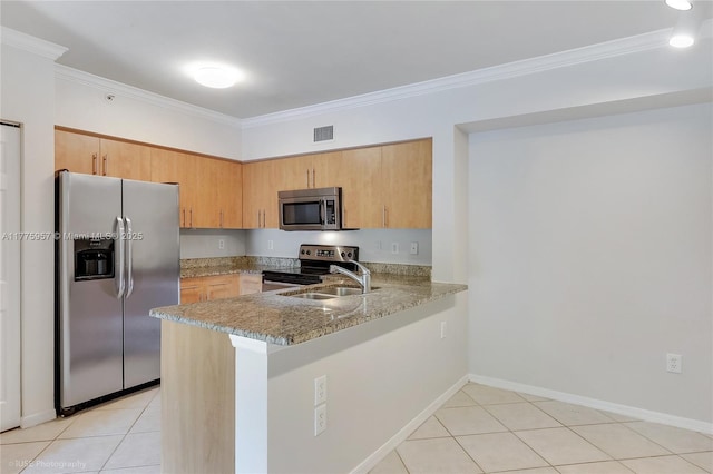 6434 Emerald Dunes Dr Unit 202, West Palm Beach, FL 33411 - kitchen with a sink, appliances with stainless steel finishes, ornamental molding, and visible vents
