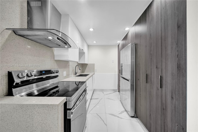 20335 W Country Club Dr Unit 2602, Aventura, FL 33180 - kitchen featuring tasteful backsplash, marble finish floor, a sink, appliances with stainless steel finishes, and wall chimney exhaust hood