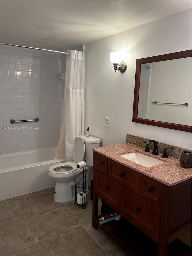 full bath featuring shower / bath combination with curtain, toilet, vanity, and tile patterned floors