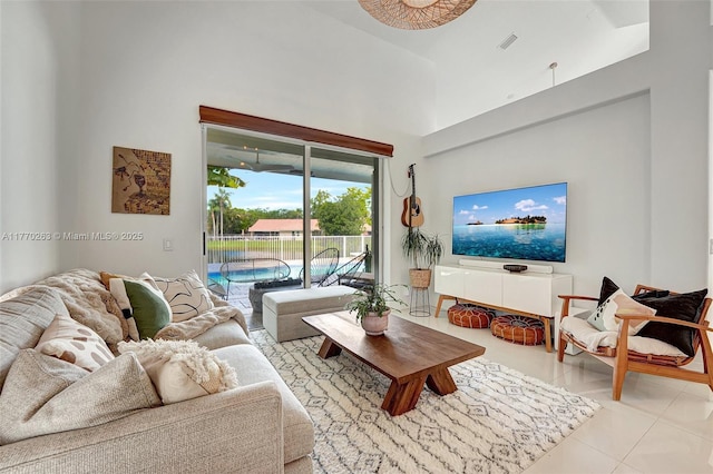 1055 San, Luis Rey, Weston, FL 33326 - living room with a towering ceiling and tile patterned flooring