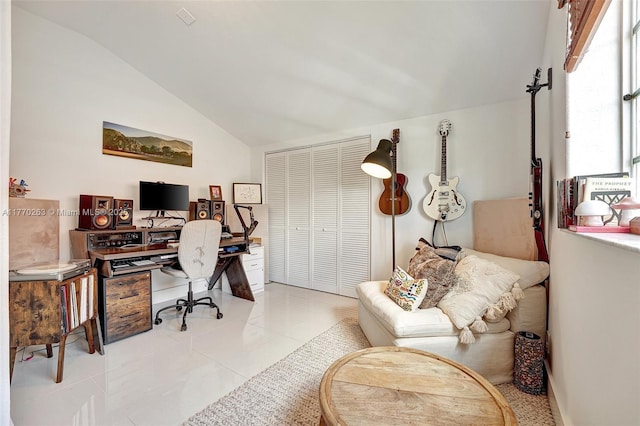 1055 San, Luis Rey, Weston, FL 33326 - home office featuring lofted ceiling and light tile patterned flooring