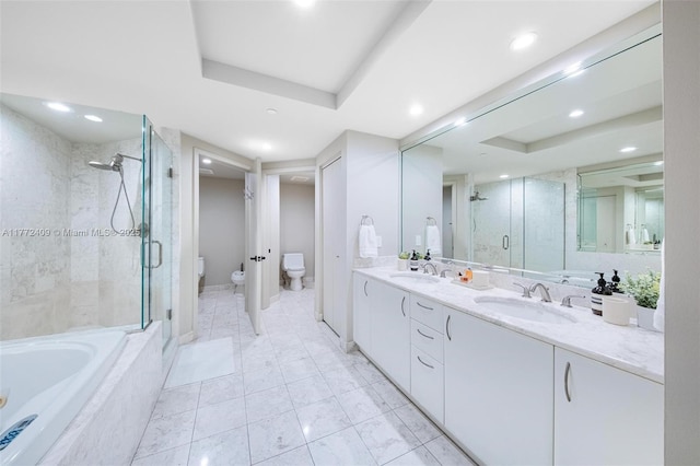 1331 Brickell Bay Dr Unit 3305, Miami, FL 33131 - bathroom featuring a bidet, a shower stall, double vanity, recessed lighting, and a garden tub