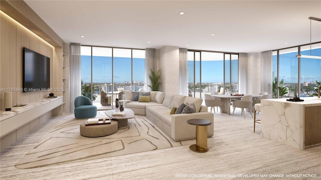 living room with floor to ceiling windows and recessed lighting
