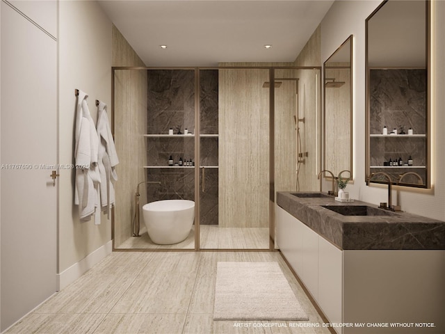 full bath with double vanity, a freestanding bath, a sink, and walk in shower
