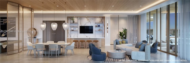 living area with wooden ceiling, a wall of windows, and recessed lighting