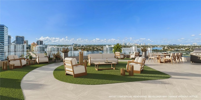 view of patio / terrace featuring grilling area, an outdoor hangout area, a water view, and a city view