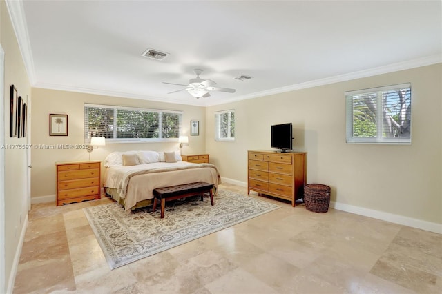 bedroom featuring multiple windows, visible vents, and crown molding