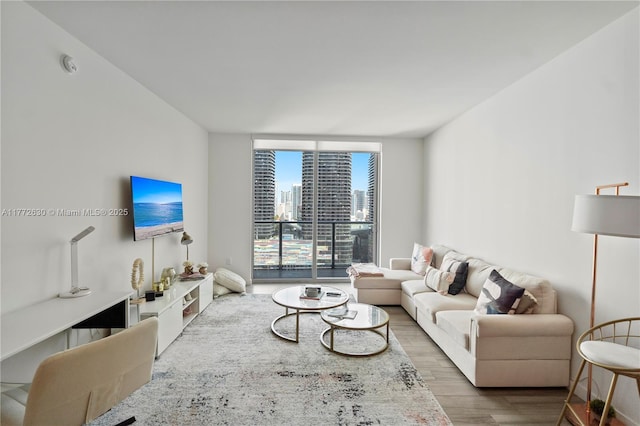 living room with a wall of windows and wood finished floors