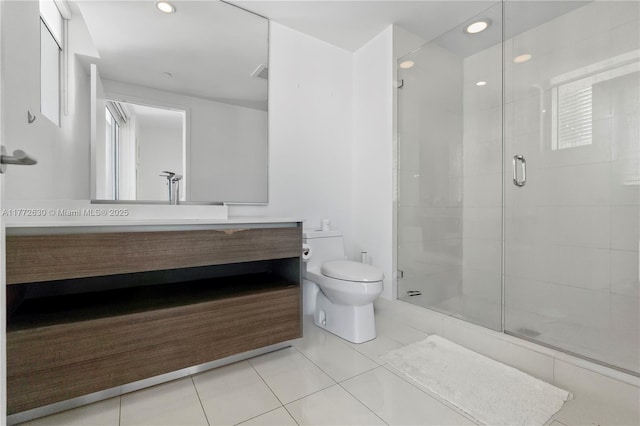 full bath featuring tile patterned flooring, vanity, toilet, recessed lighting, and a stall shower