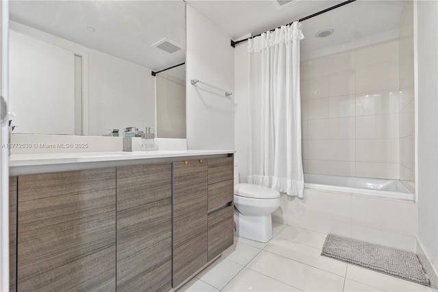 full bathroom featuring vanity, visible vents, toilet, tile patterned floors, and shower / tub combo
