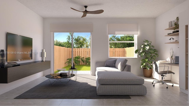 12179 NW 23rd Ct, Miami, FL 33167 - living room with healthy amount of natural light, a ceiling fan, tile patterned flooring, and a textured ceiling