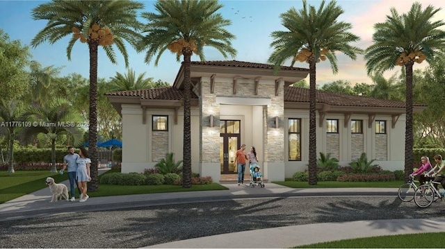12179 NW 23rd Ct, Miami, FL 33167 - view of front of property featuring stone siding, a tile roof, and stucco siding