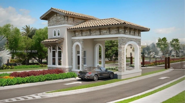 12179 NW 23rd Ct, Miami, FL 33167 - rear view of property with stone siding, stucco siding, and a tiled roof