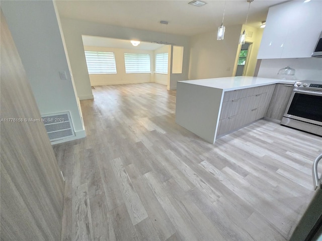 kitchen featuring modern cabinets, visible vents, light wood-style floors, and stainless steel electric range oven