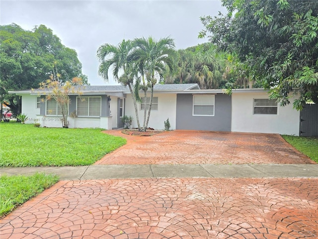 single story home featuring a front lawn and stucco siding
