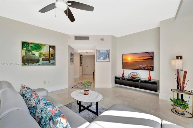 living area featuring baseboards, ceiling fan, and visible vents