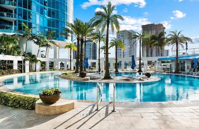community pool featuring a city view and a patio