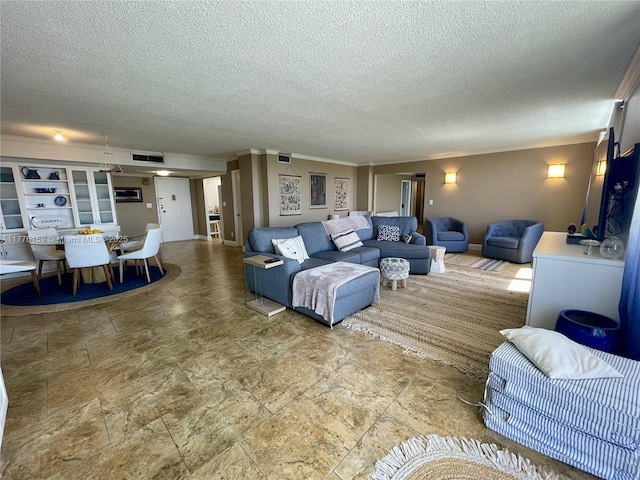 437 Golden Isles Dr Unit 9B-C, Hallandale Beach, FL 33009 - living area featuring crown molding, stone finish flooring, and a textured ceiling