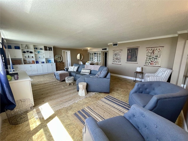 living area featuring visible vents, baseboards, ornamental molding, and a textured ceiling