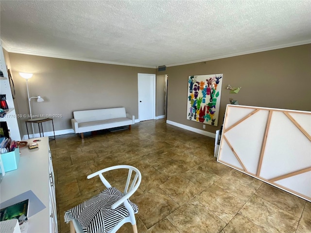 interior space with crown molding, baseboards, and a textured ceiling