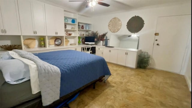 bedroom with ornamental molding and a ceiling fan