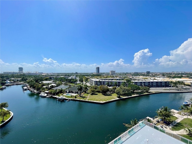 aerial view with a water view and a view of city