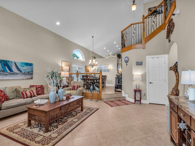 17794 SW 47th St, Miramar, FL 33029 - living area featuring high vaulted ceiling, arched walkways, a chandelier, baseboards, and recessed lighting