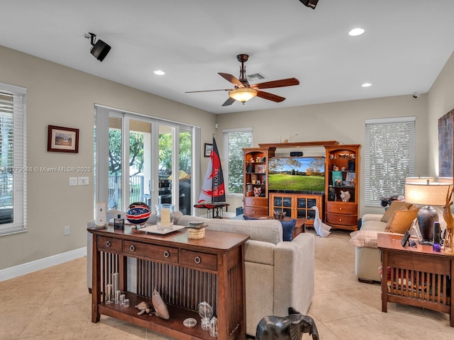 17794 SW 47th St, Miramar, FL 33029 - living room featuring ceiling fan, light tile patterned floors, baseboards, and recessed lighting
