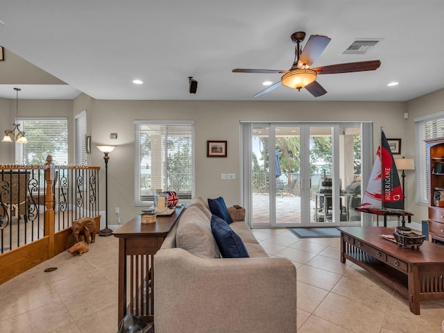 17794 SW 47th St, Miramar, FL 33029 - living area with light tile patterned floors, a ceiling fan, recessed lighting, and french doors